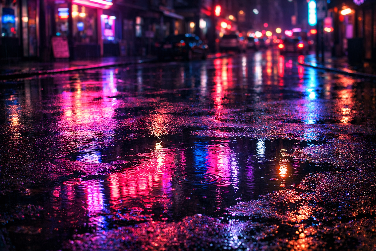 Gece sehirde neon isiklarin islak asfalta yansimasi