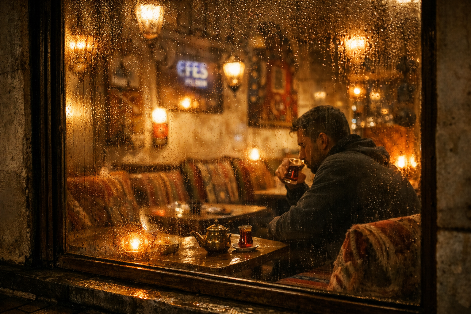 Kafe penceresinden suzan isik ve fincan